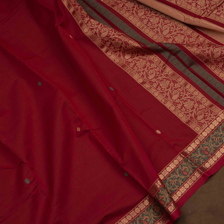 Red Original Handloom Kanchi Cotton Saree with Green Zari Border 3358T015918DSC