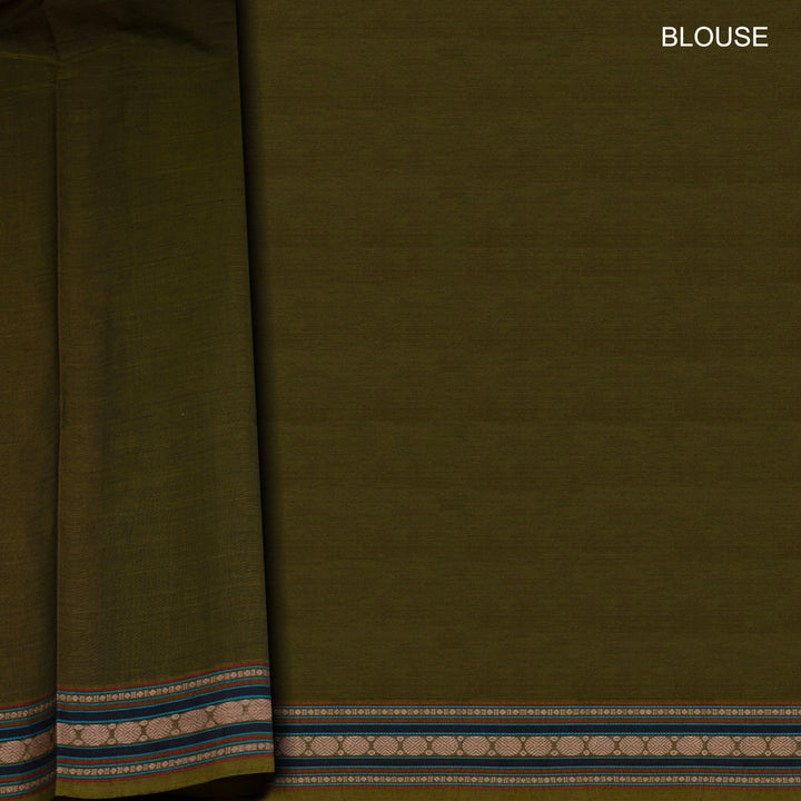 Green Kanchi cotton saree with diamond butta body, rudraksh border and multicolor thread band pallu with matching blouse