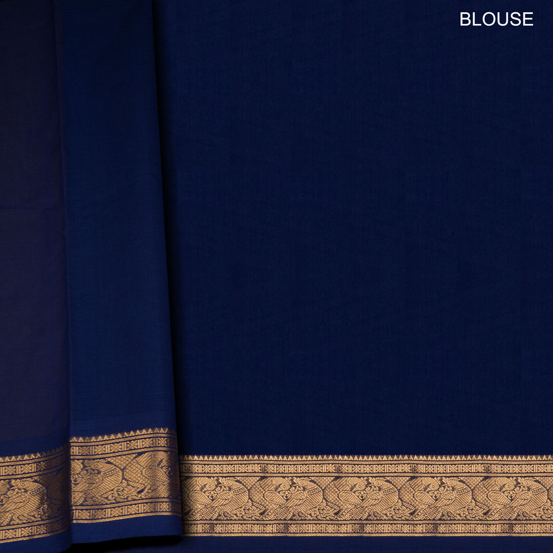 Blue Kanchi cotton saree with kili motif body, mayil motif border and rich traditional pallu with matching blouse