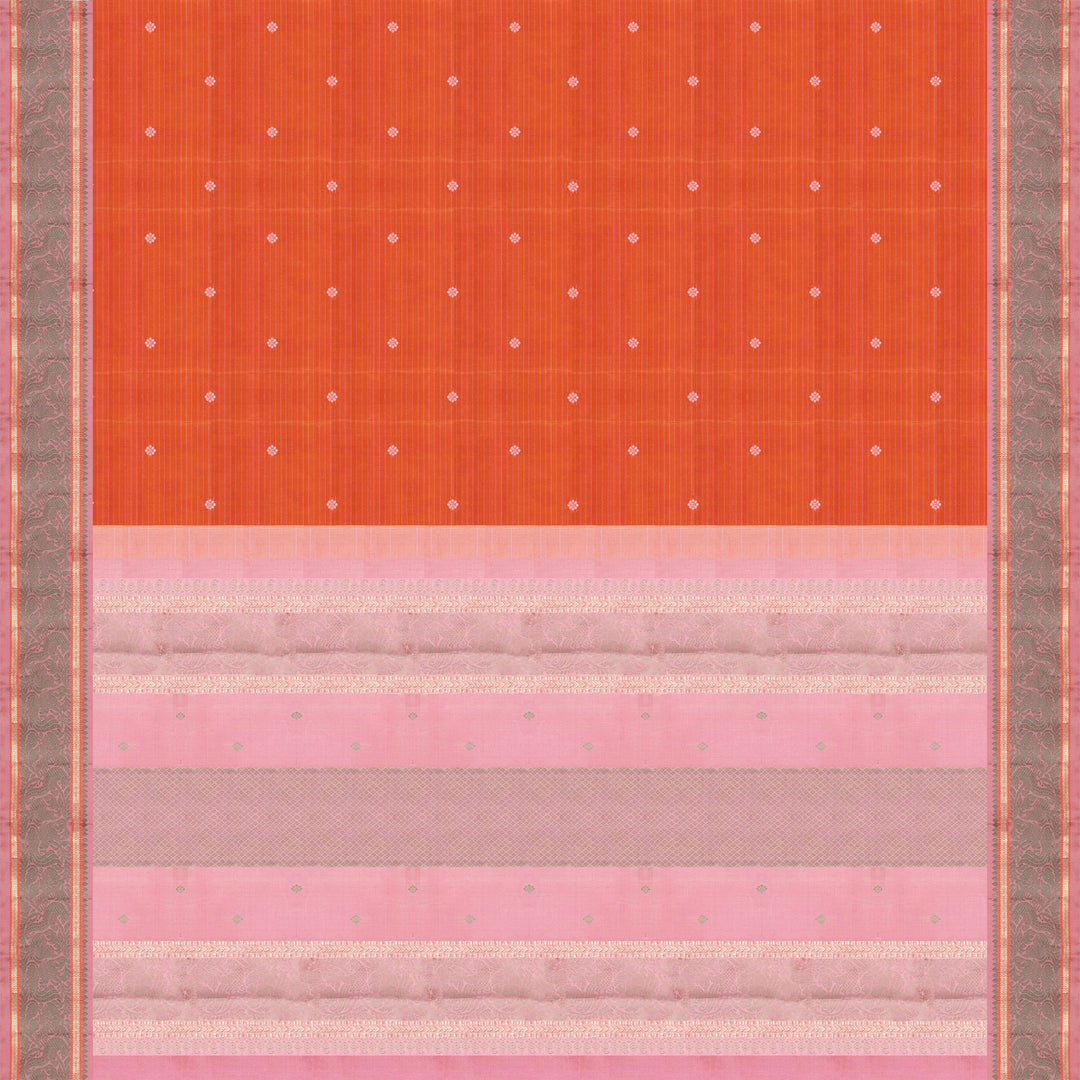 Orange Kanjivaram silk saree with floral butta, pink annam border and traditional pallu with matching blouse
