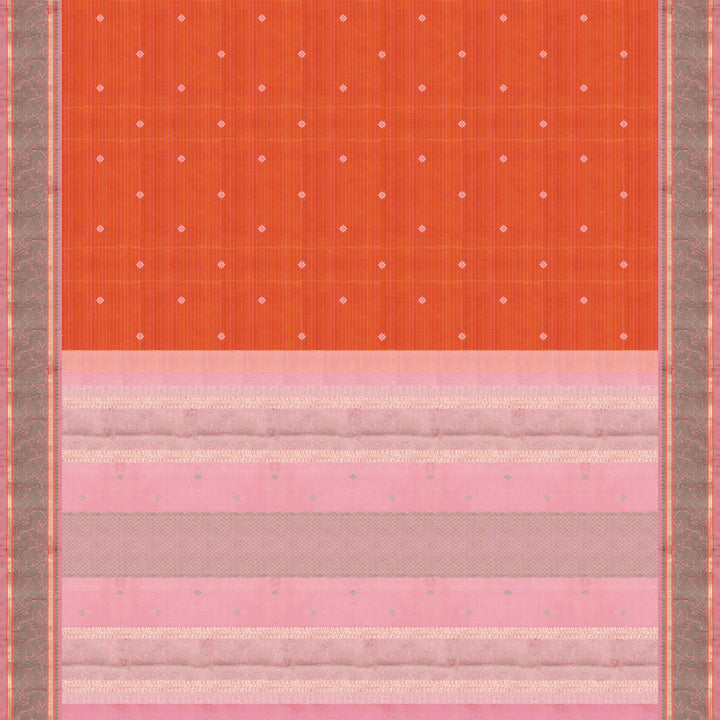 Orange Kanjivaram silk saree with floral butta, pink annam border and traditional pallu with matching blouse