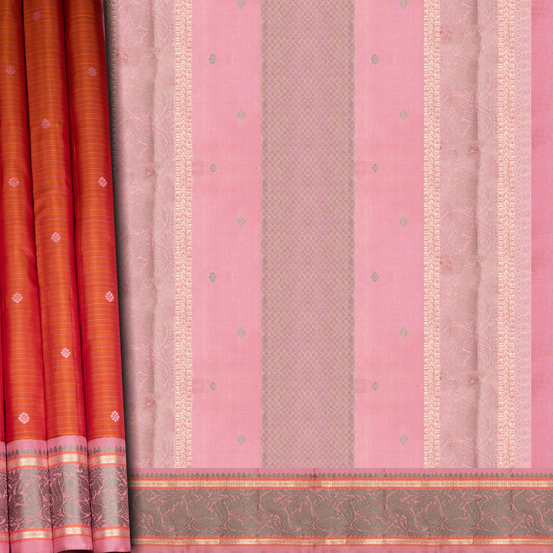 Orange Kanjivaram silk saree with floral butta, pink annam border and traditional pallu with matching blouse