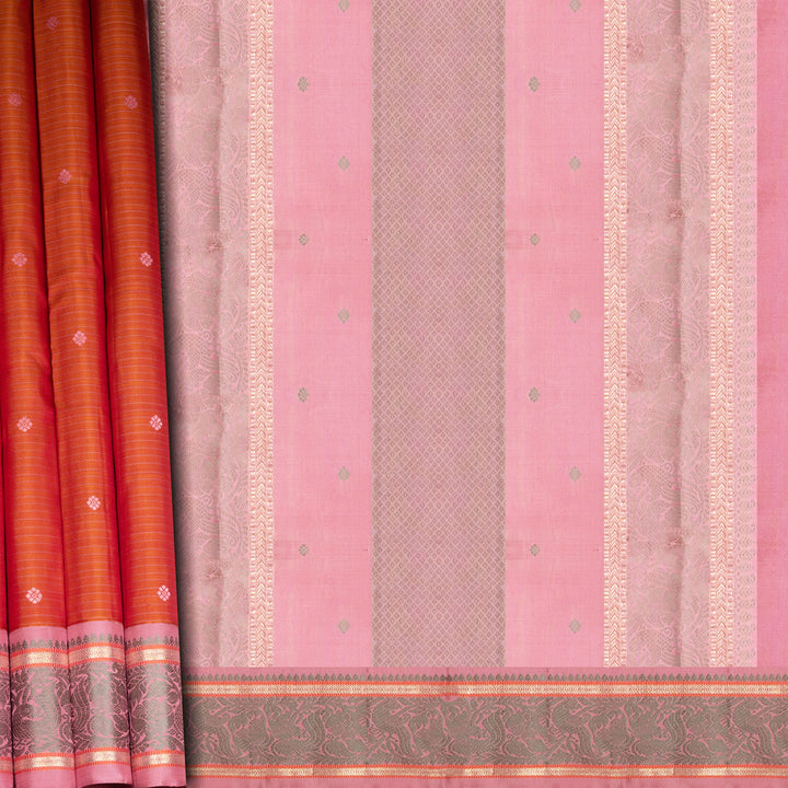 Orange Kanjivaram silk saree with floral butta, pink annam border and traditional pallu with matching blouse