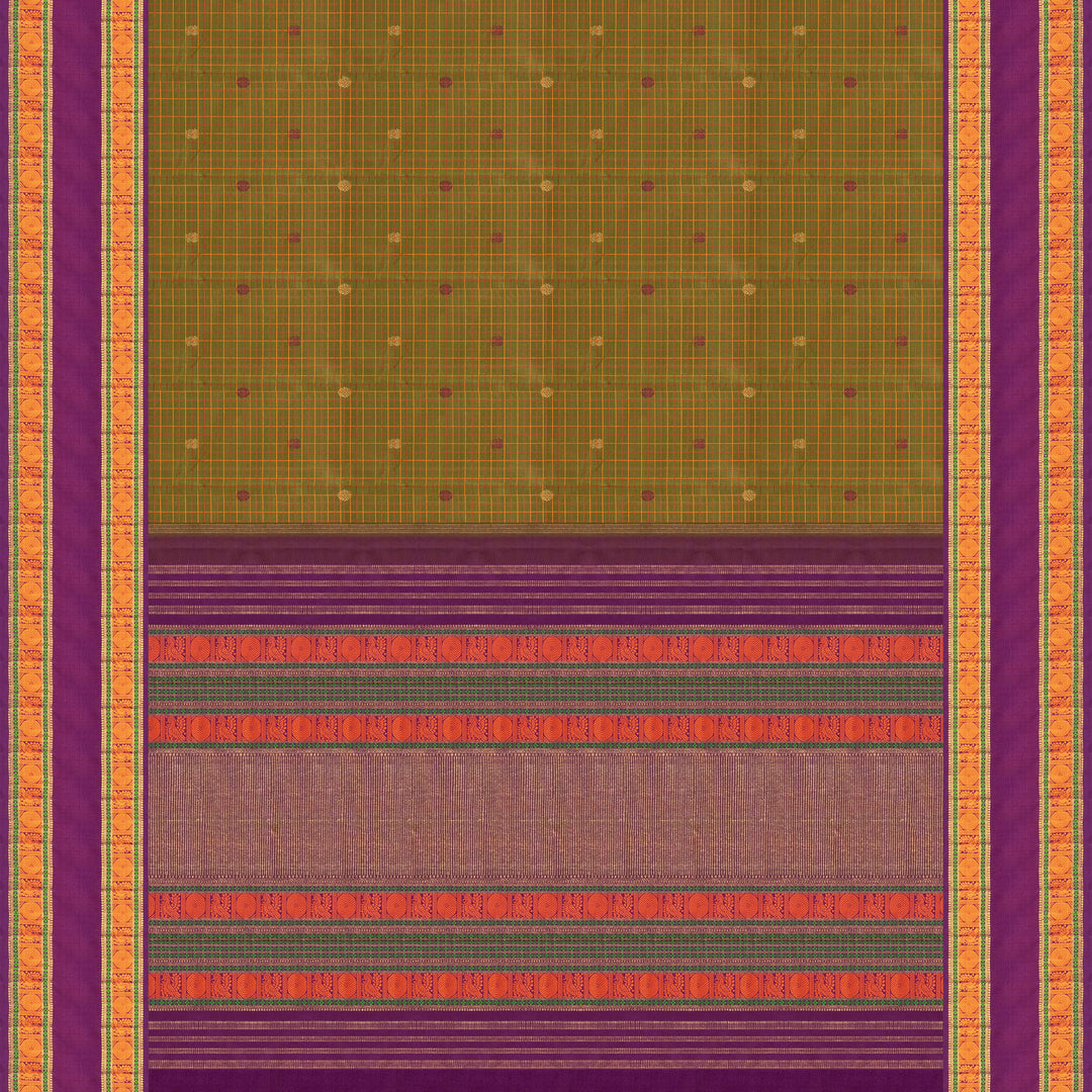 Olive green Kanjivaram silk saree with checks, annam and chakram butta, violet rettapet border and matching blouse