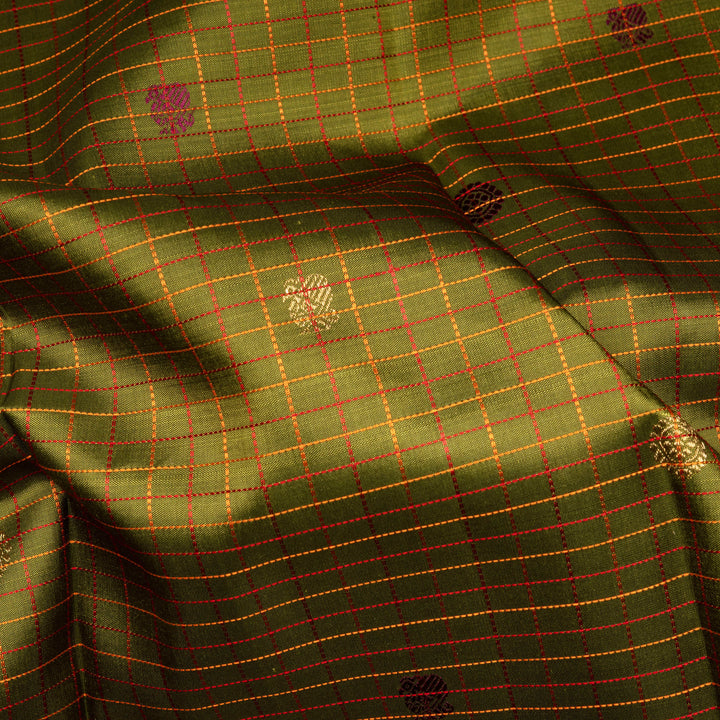 Olive green Kanjivaram silk saree with checks, annam and chakram butta, violet rettapet border and matching blouse