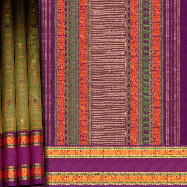 Olive green Kanjivaram silk saree with checks, annam and chakram butta, violet rettapet border and matching blouse