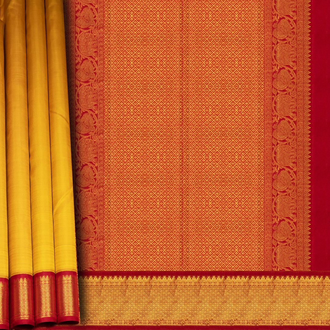Yellow Kanjivaram Silk Saree with Rudraksham Border and Red Pallu