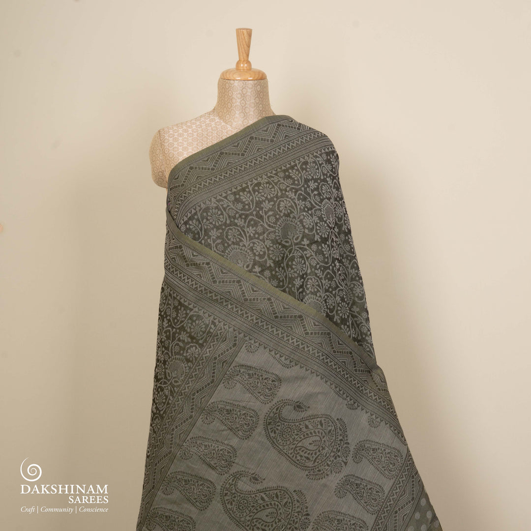 Black South Cotton Saree with Traditional Motif Border 3361T015701DSC