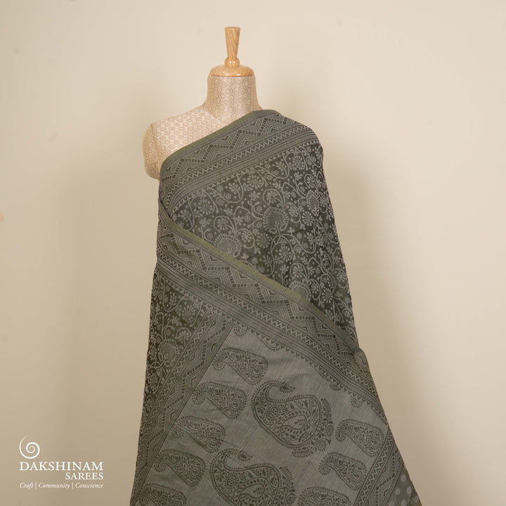 Black South Cotton Saree with Traditional Motif Border 3361T015701DSC