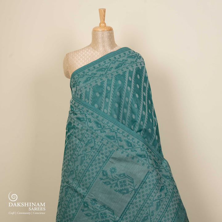 Teal South Cotton Saree with Symmetrical Vine Border 3362T015691DSC