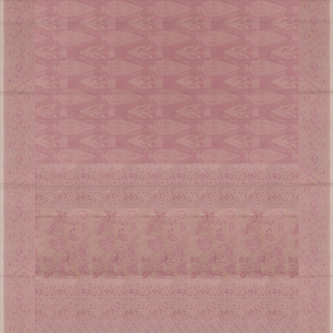 Pink South cotton saree with plant and paisley motifs across the body, floral border and peacock motif pallu, matching blouse with diamond butta design.