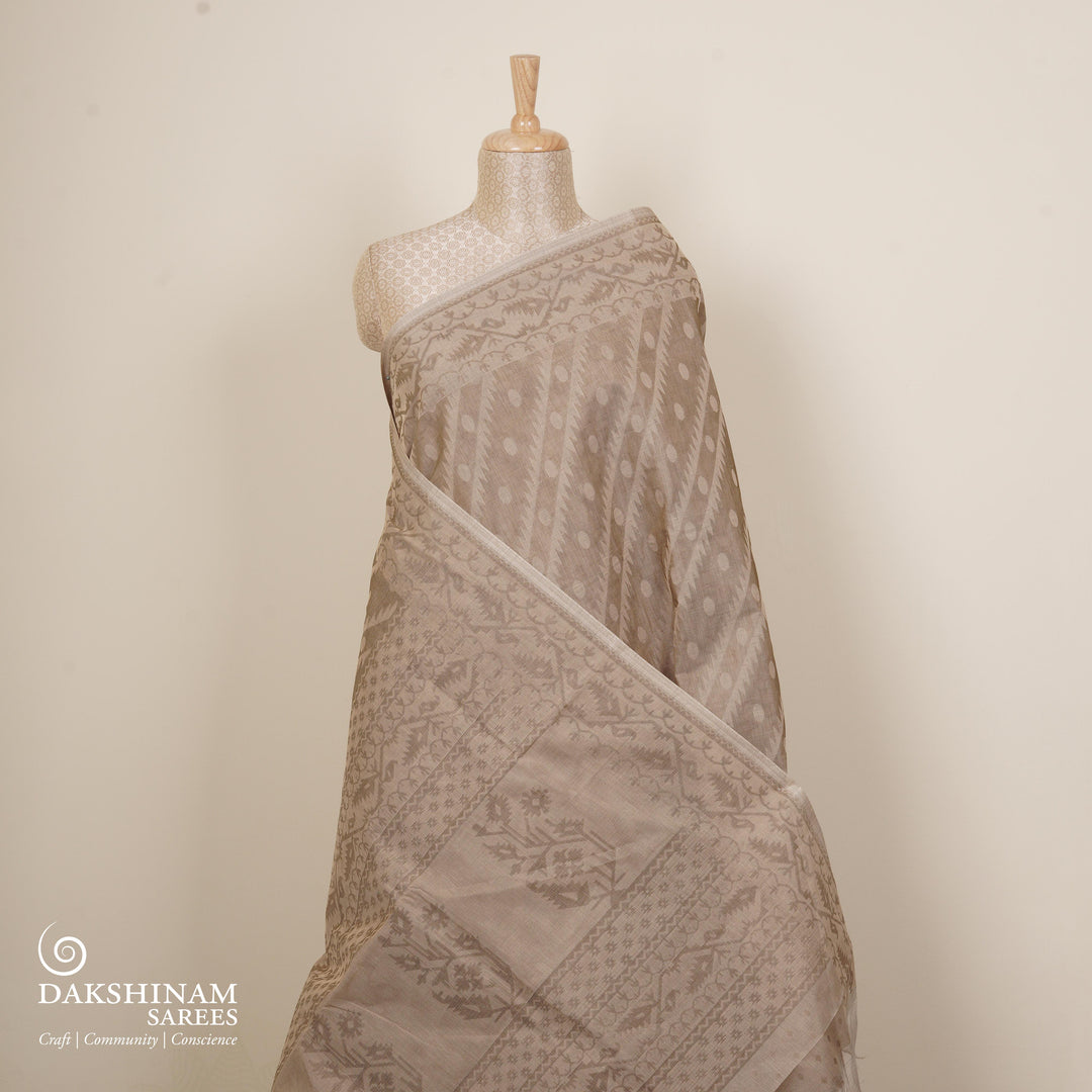 Beige South Cotton Saree with Symmetrical Vine Border 3366T015693DSC