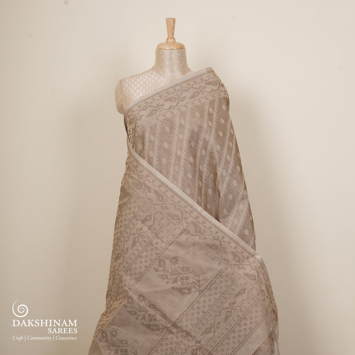 Beige South Cotton Saree with Symmetrical Vine Border 3366T015693DSC