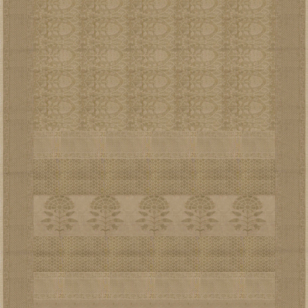 Beige South cotton saree with floral vine body pattern, vine border with chevron lines, patterned pallu and matching blouse with dot design.