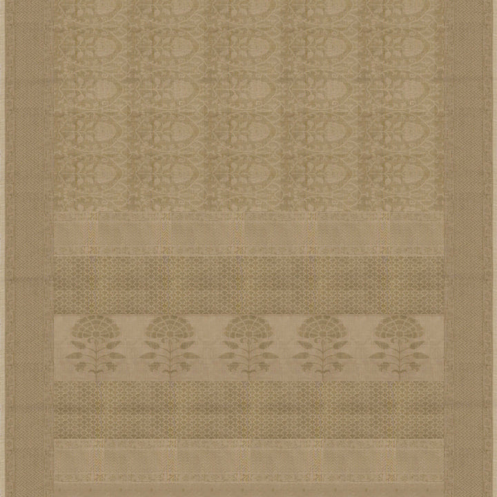 Beige South cotton saree with floral vine body pattern, vine border with chevron lines, patterned pallu and matching blouse with dot design.