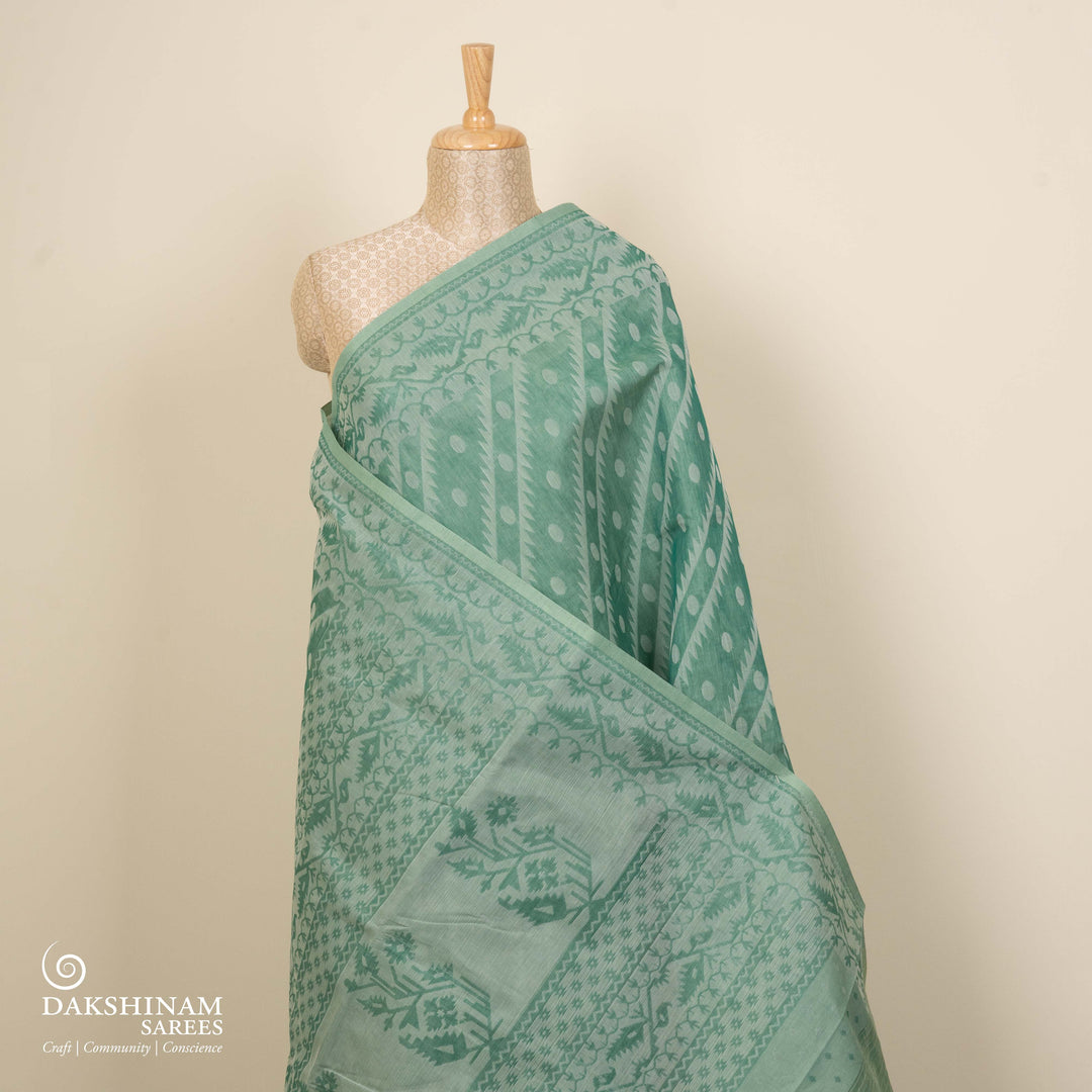Green South Cotton Saree with Symmetrical Vine Border 3370T015698DSC