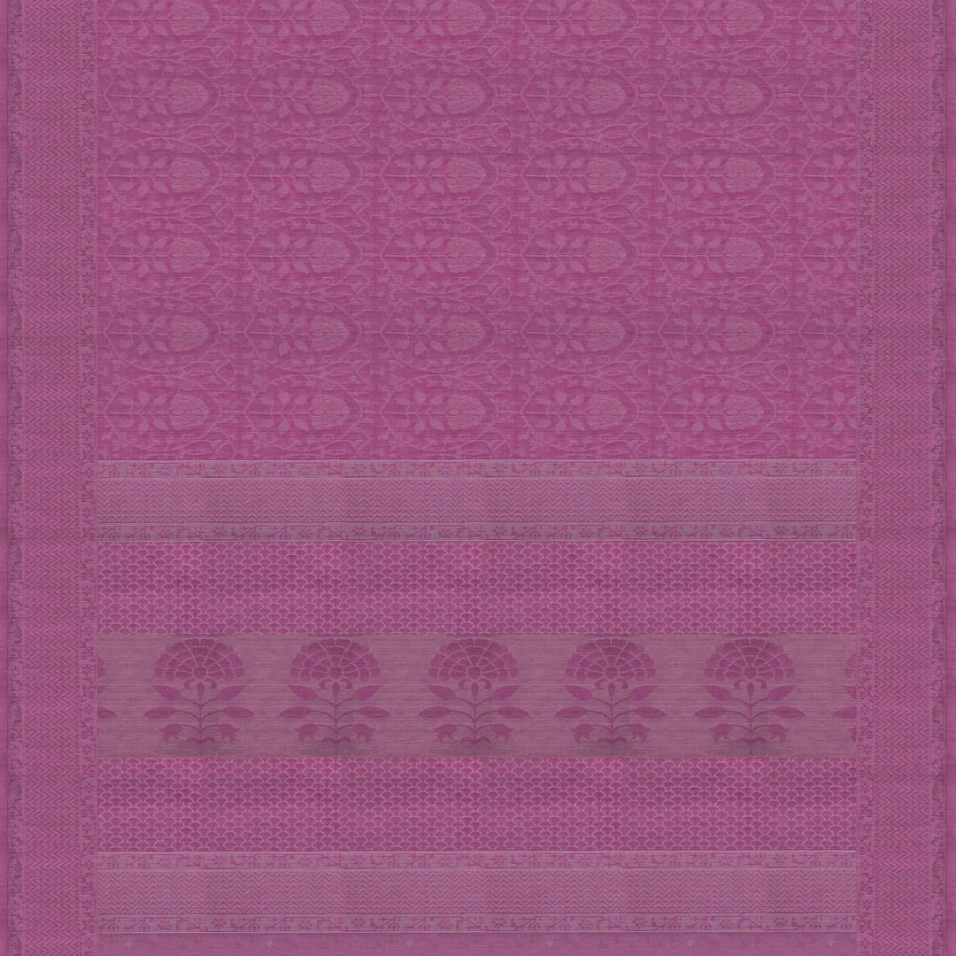 Pink South cotton saree with floral vine body pattern, vine border with chevron lines, patterned pallu and matching blouse with dot design.
