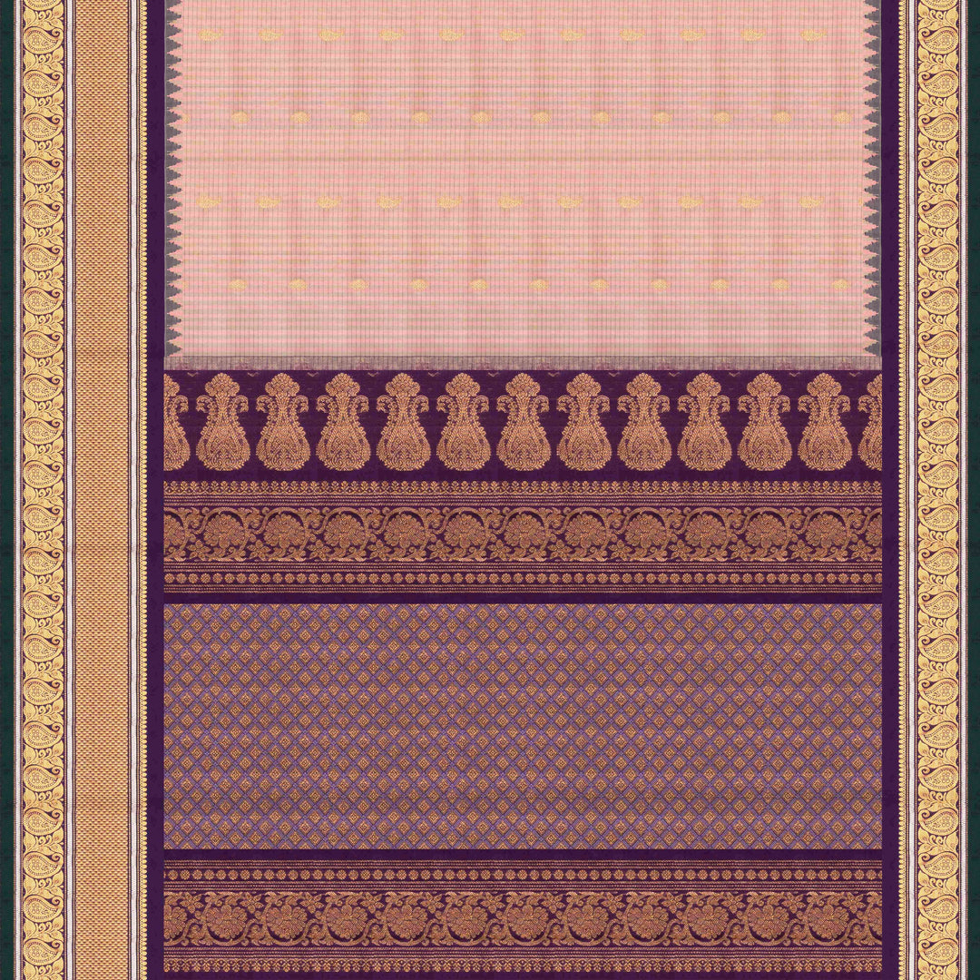 Peach Gadwal silk saree with grey checks and small butta body, purple zari border with mango and leaf motifs, plain purple blouse.