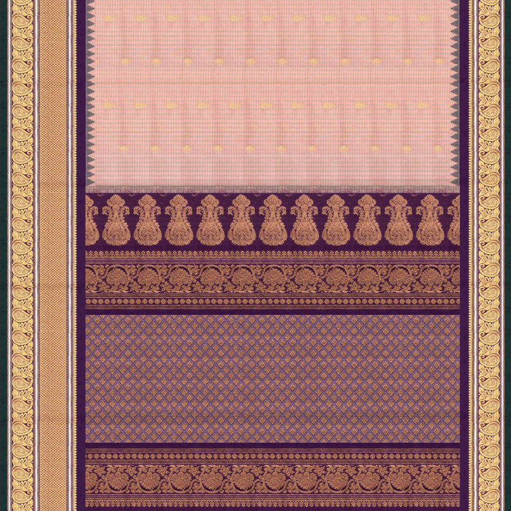 Peach Gadwal silk saree with grey checks and small butta body, purple zari border with mango and leaf motifs, plain purple blouse.