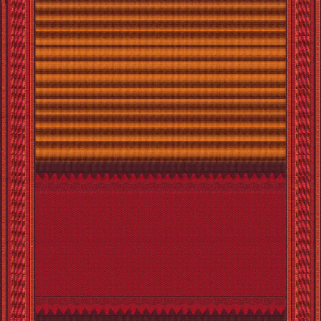 Mustard Gadwal silk saree with brown micro checks body, contrasting woven border with stripes and diamond patterns, brown pallu with temple motifs.