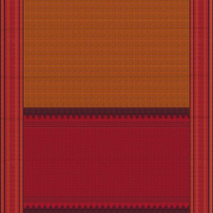 Mustard Gadwal silk saree with brown micro checks body, contrasting woven border with stripes and diamond patterns, brown pallu with temple motifs.