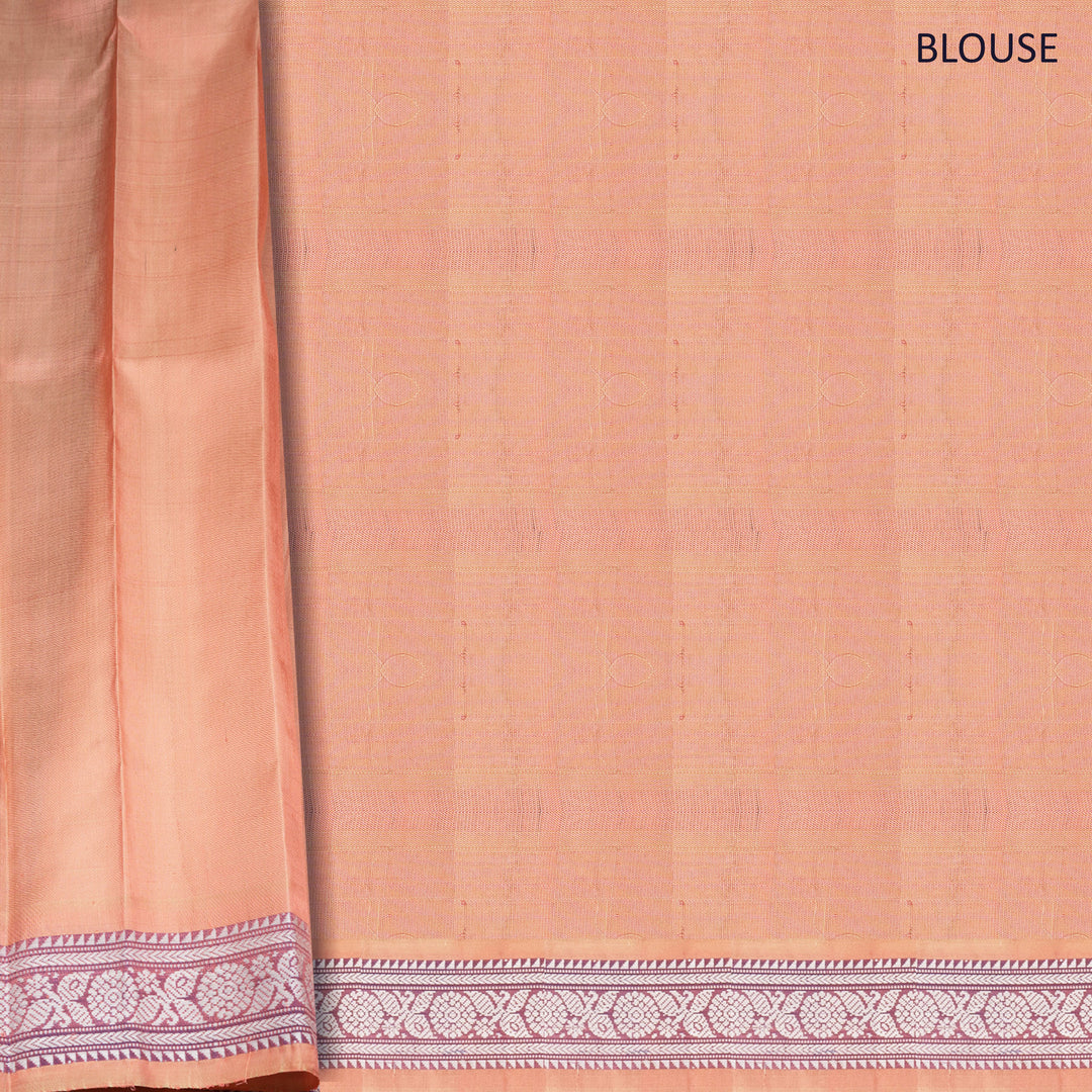Bottle green Gadwal silk saree with gold zari stripes, peach border and temple design pallu