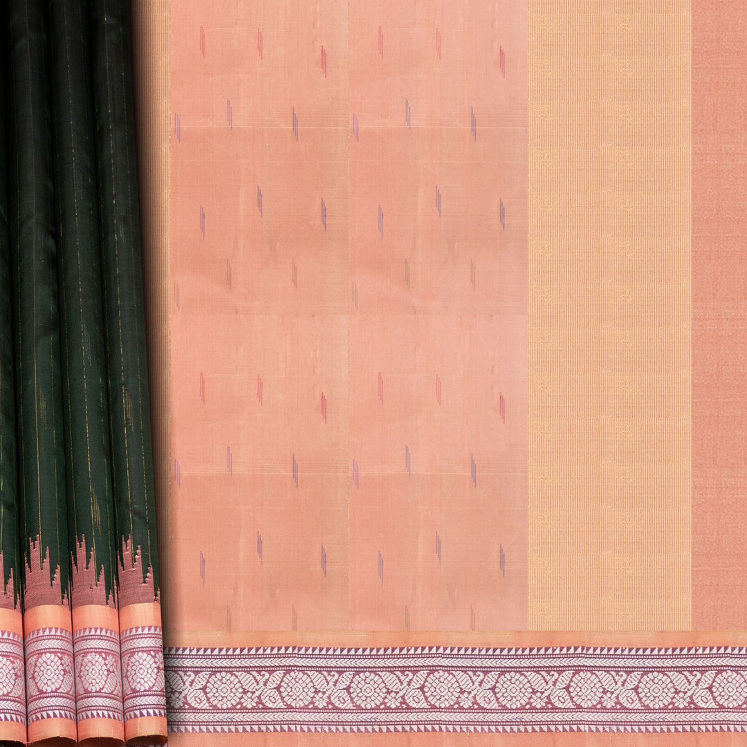 Bottle green Gadwal silk saree with gold zari stripes, peach border and temple design pallu