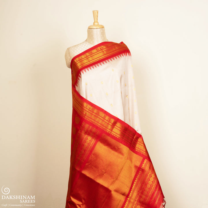 Off White Gadwal Silk Saree with Red Border and Gold Zari 3333T016180DSC