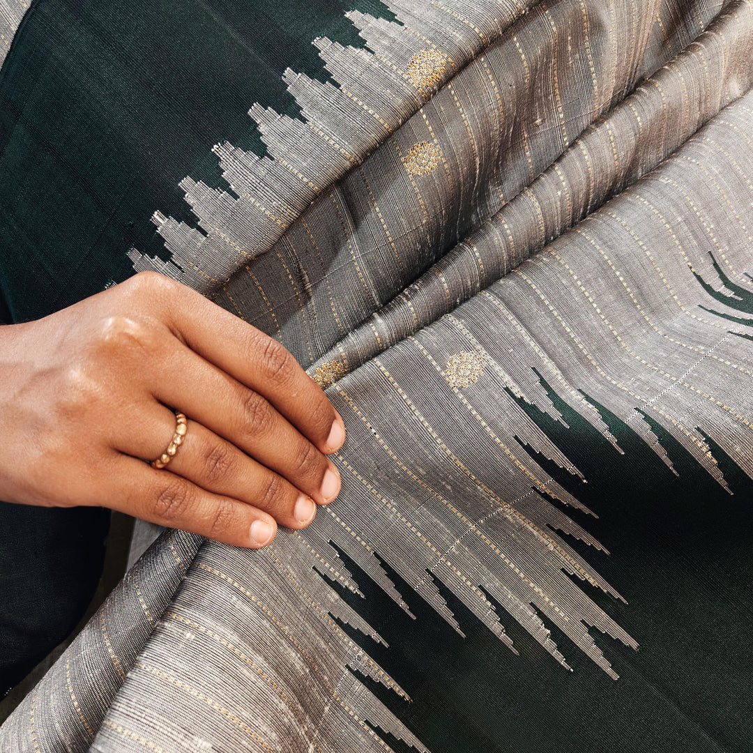 Grey Gadwal Silk Saree with Bottle Green Border and Zari Stripes 3334T016187DSC