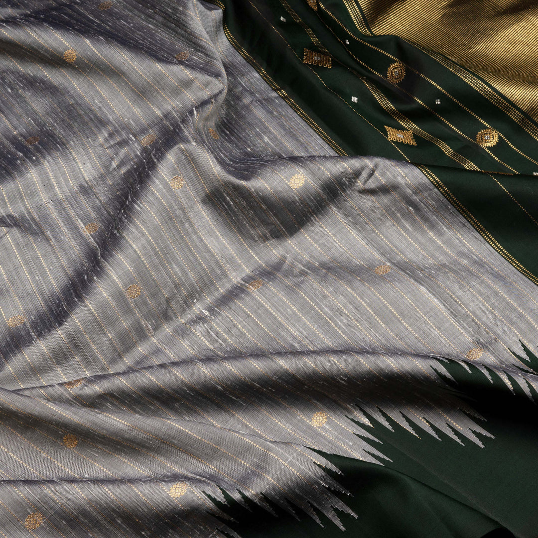 Grey Gadwal Silk Saree with Bottle Green Border and Zari Stripes 3334T016187DSC