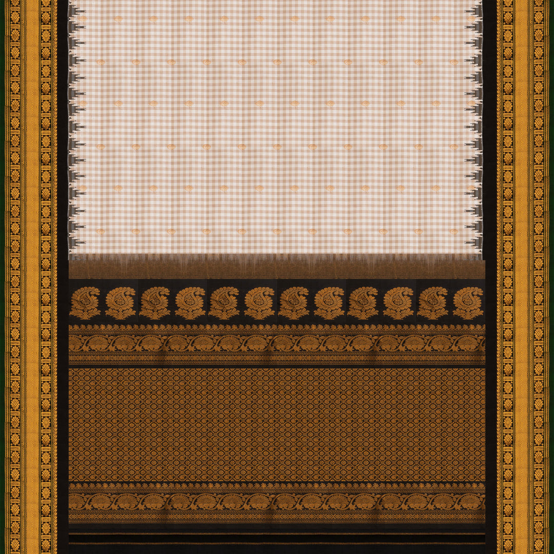 Off white Gadwal silk saree with small checks, dark green border and gold zari traditional motifs