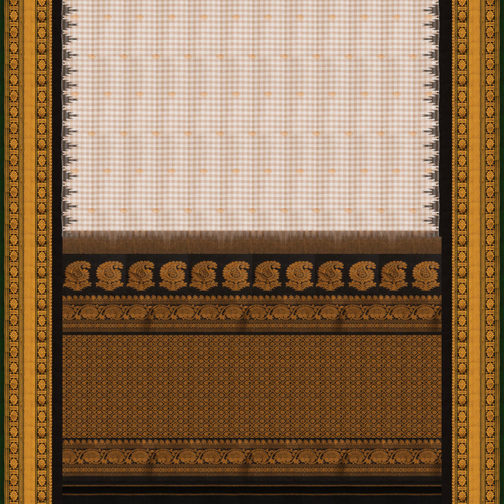 Off white Gadwal silk saree with small checks, dark green border and gold zari traditional motifs