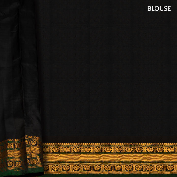 Off white Gadwal silk saree with small checks, dark green border and gold zari traditional motifs