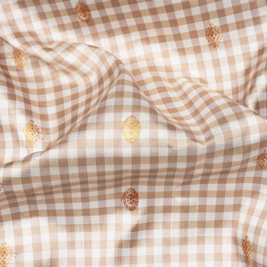 Off white Gadwal silk saree with small checks, dark green border and gold zari traditional motifs