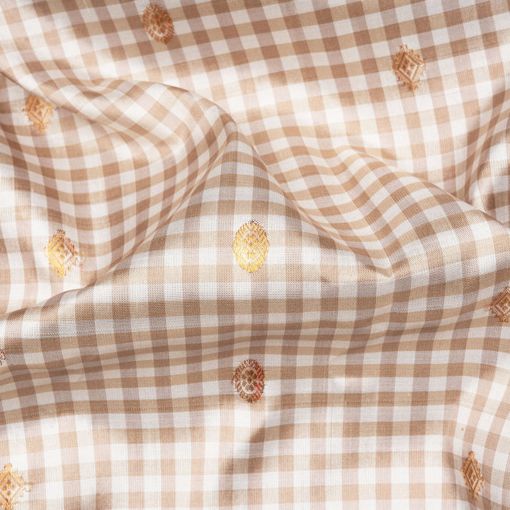 Off white Gadwal silk saree with small checks, dark green border and gold zari traditional motifs