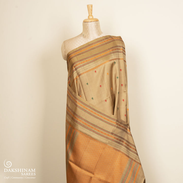 Sandal Gadwal silk saree with traditional rudraksh and diamond motifs and thread woven pallu design