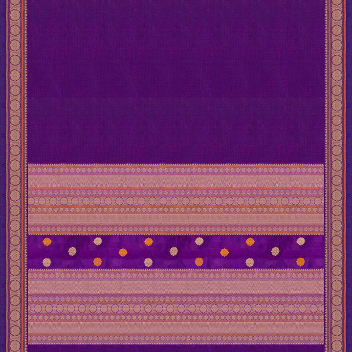 Plain violet silk cotton saree with thread woven rudraksham border and temple chakra pallu design