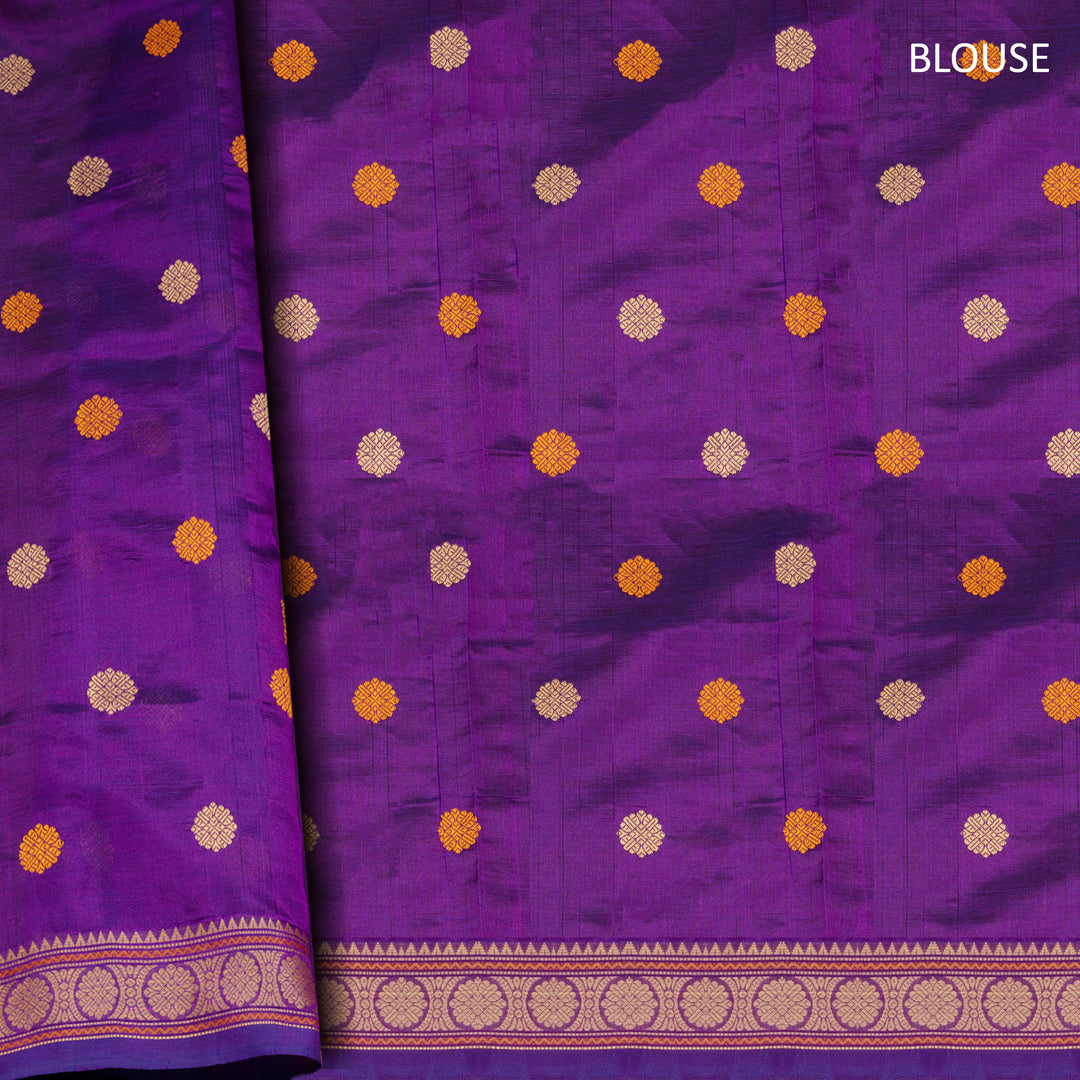 Plain violet silk cotton saree with thread woven rudraksham border and temple chakra pallu design