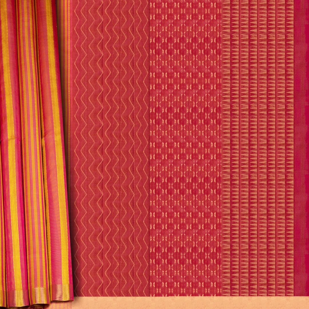 Multicolor Kora soft silk saree with alternating yellow and pink bands and gold zari lines, thin gold tissue border and pink pallu with chevron and triangle motifs.