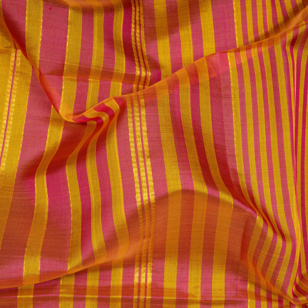 Multicolor Kora soft silk saree with alternating yellow and pink bands and gold zari lines, thin gold tissue border and pink pallu with chevron and triangle motifs.