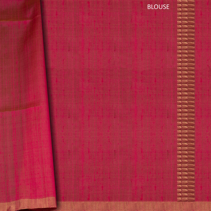 Multicolor Kora soft silk saree with alternating yellow and pink bands and gold zari lines, thin gold tissue border and pink pallu with chevron and triangle motifs.