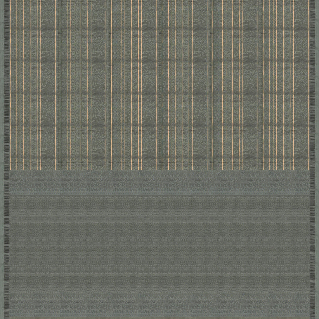 Grey soft silk saree with multithread motifs like elephant, rudraksham, chevron, diamond and mango patterns with matching pallu and plain blouse.