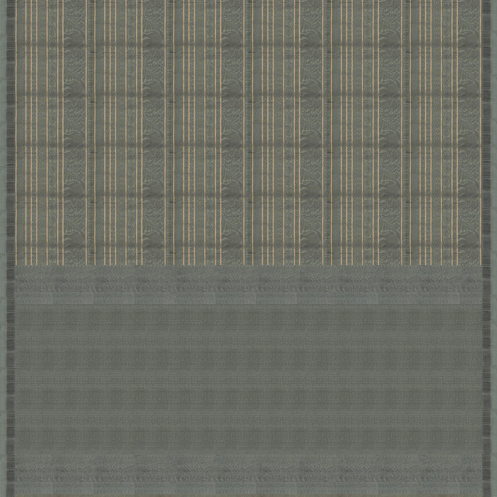 Grey soft silk saree with multithread motifs like elephant, rudraksham, chevron, diamond and mango patterns with matching pallu and plain blouse.