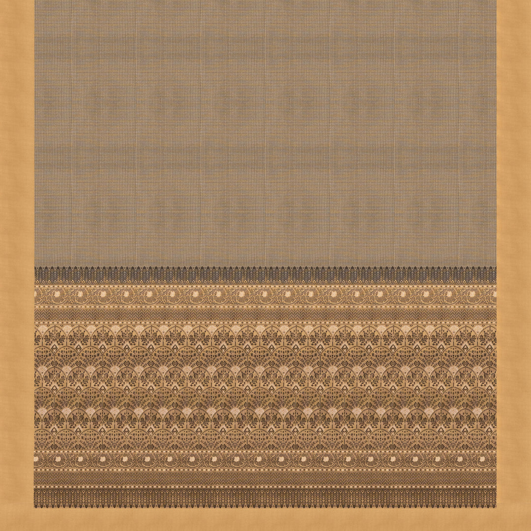 Beige soft silk saree with self-textured body, plain border and beige pallu with floral vine, lotus and chevron motifs in black and gold zari, paired with black blouse.