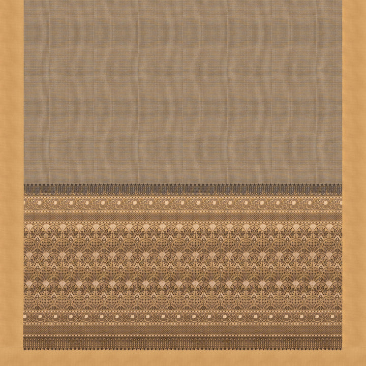 Beige soft silk saree with self-textured body, plain border and beige pallu with floral vine, lotus and chevron motifs in black and gold zari, paired with black blouse.