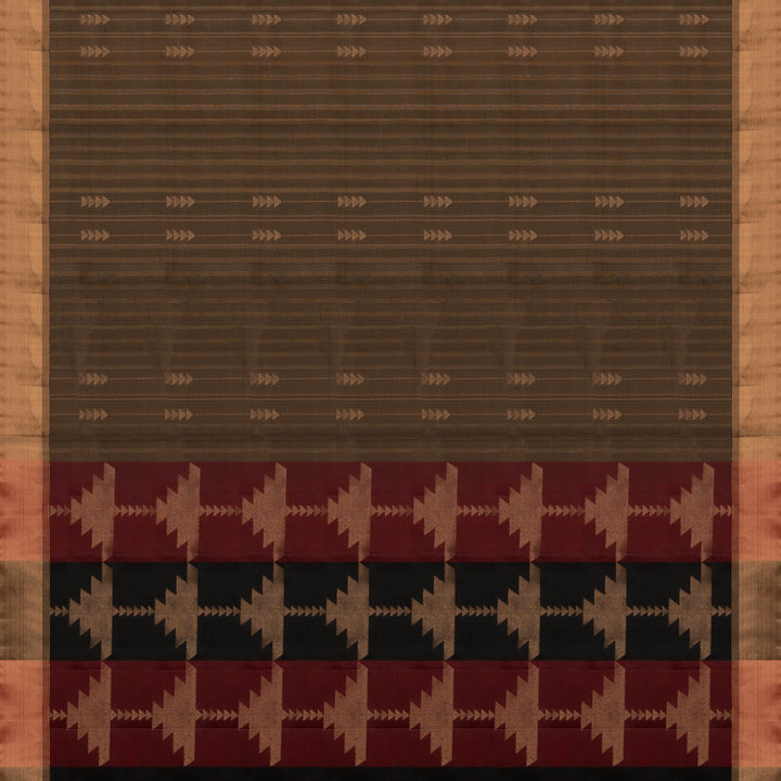 Brown soft silk saree with striped body and triangle motifs, gold tissue border and maroon black pallu with geometric patterns.