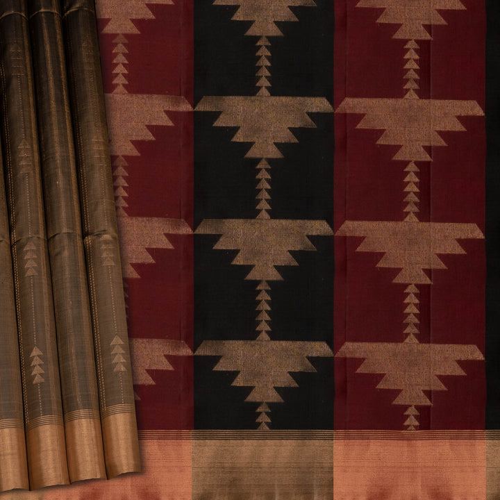 Brown soft silk saree with striped body and triangle motifs, gold tissue border and maroon black pallu with geometric patterns.