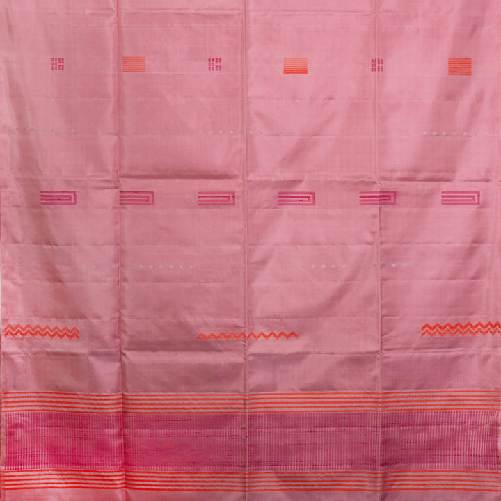 Light pink borderless soft silk saree with dotted lines, geometric square and rectangle patterns with silver zari and striped pallu.