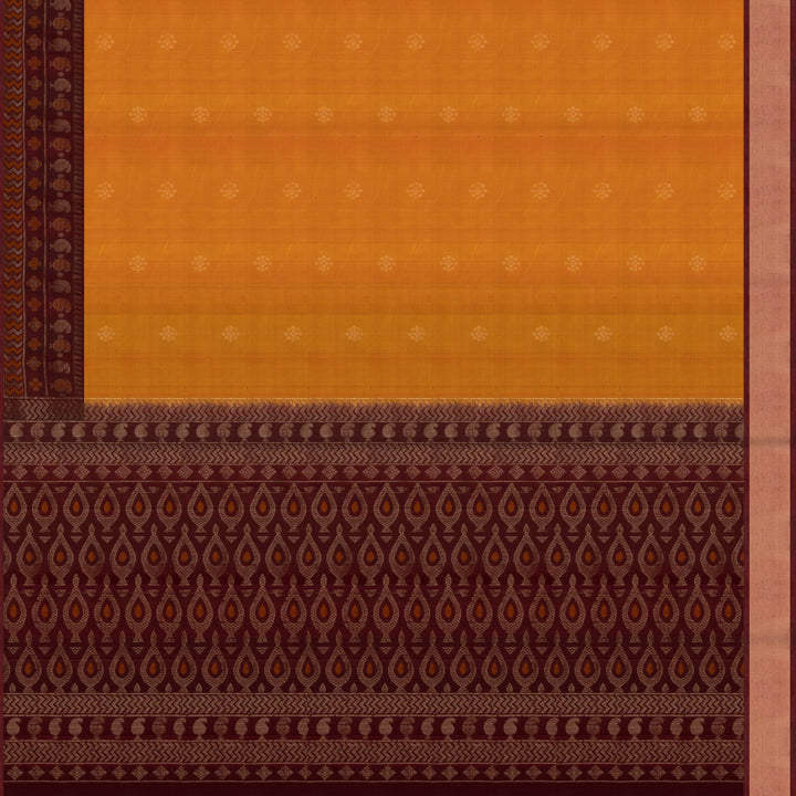 Orange soft silk saree with floral butta body, maroon border with paisley and chevron motifs, and maroon pallu with diamond floral patterns.