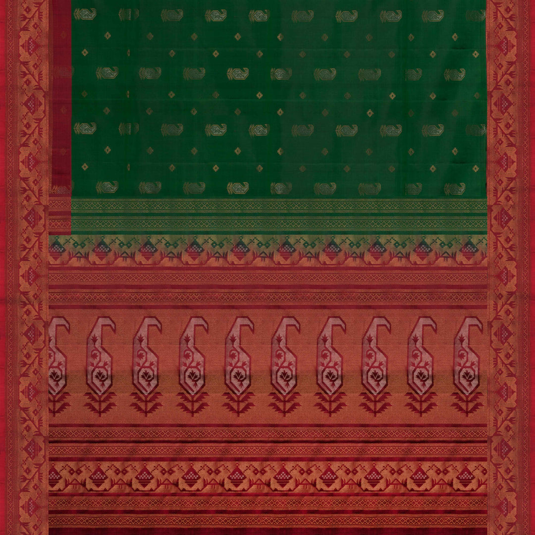 Green soft silk saree with paisley leaf buttas in gold and silver zari, maroon Paithani style border with floral vines and maroon pallu with paisley motifs.